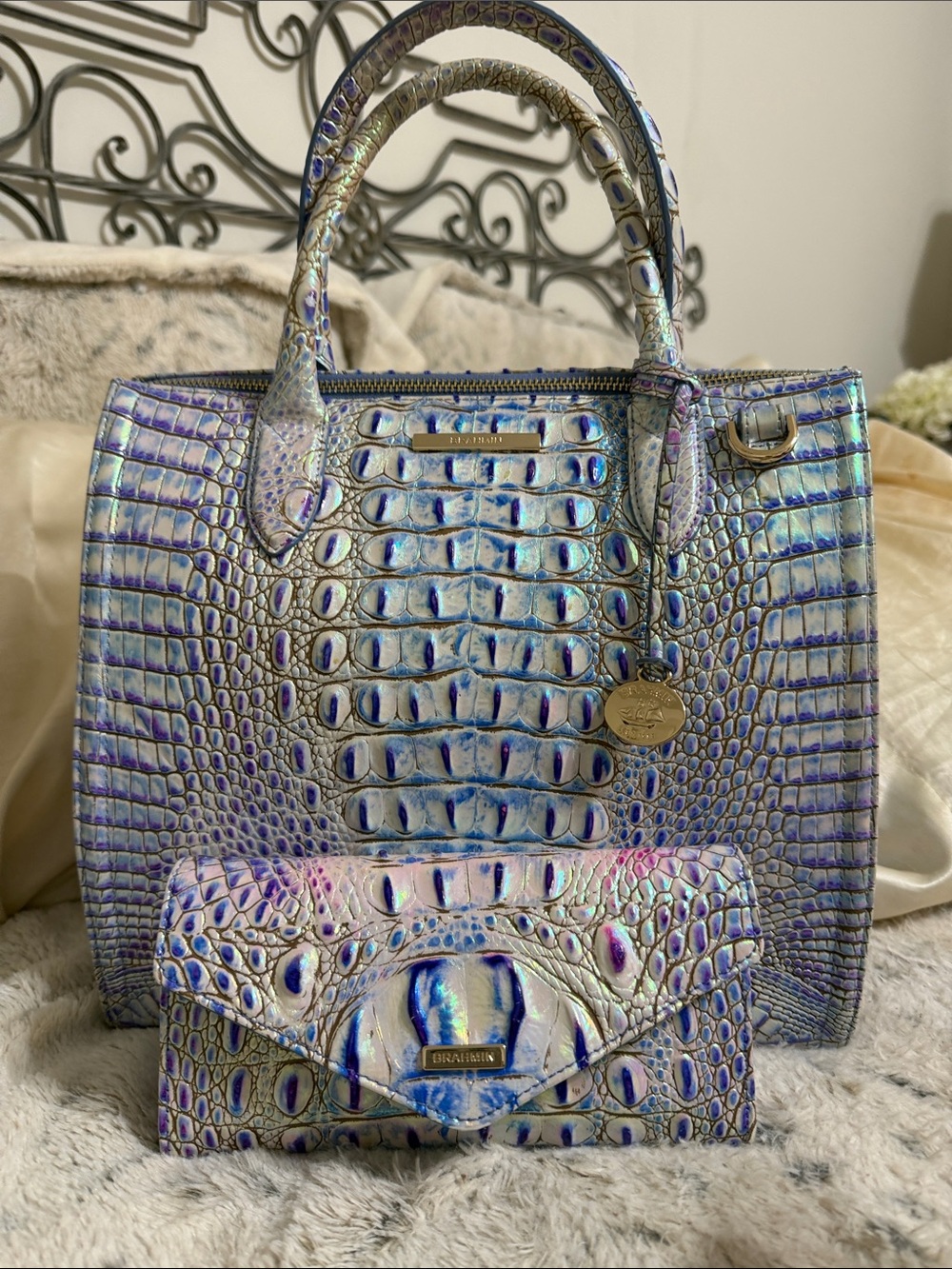 Brahmin Iridescent Croc-Embossed Satchel and Wallet - Blue Purple